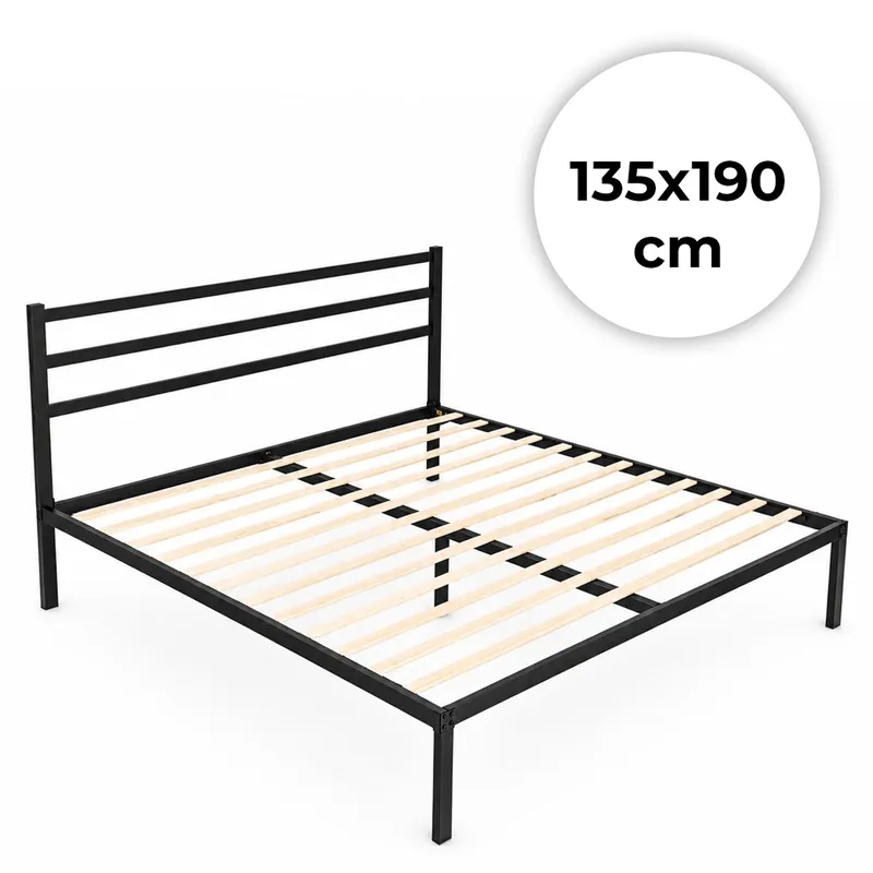 Łóżko Metalowe 135x190 cm Ze Stelażem Zagłówkiem - Czarna
