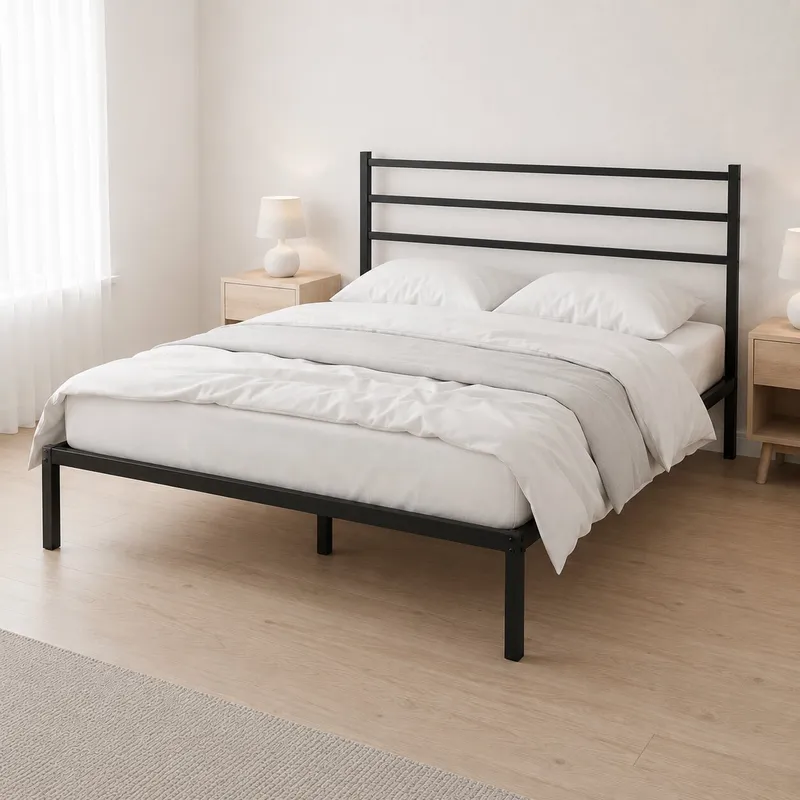 Łóżko Metalowe 135x190 cm Ze Stelażem Zagłówkiem - Czarna