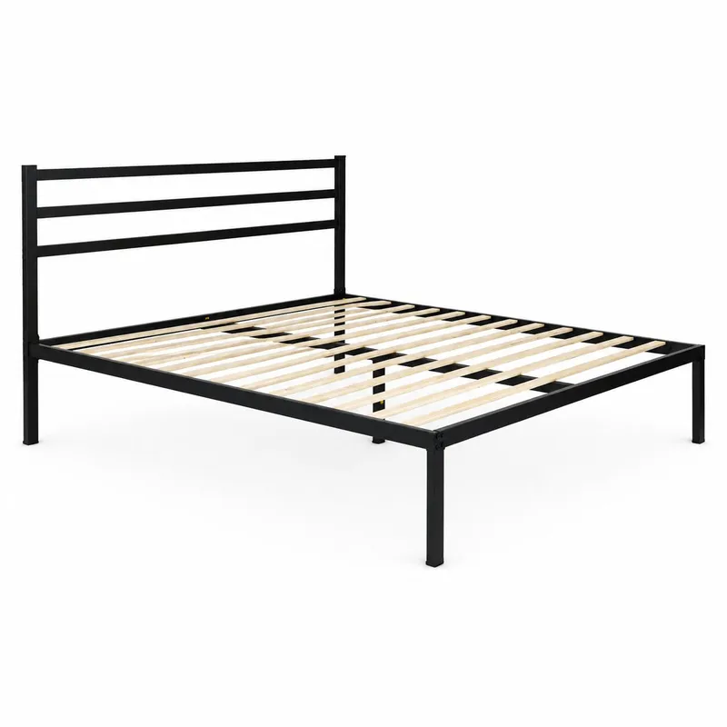 Łóżko Metalowe 135x190 cm Ze Stelażem Zagłówkiem - Czarna