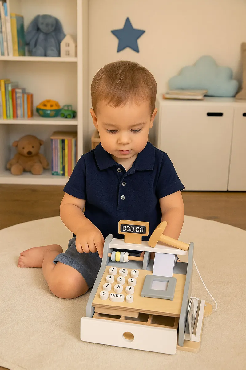Drewniana Kasa Fiskalna Dla Dzieci Skaner Banknoty Monety