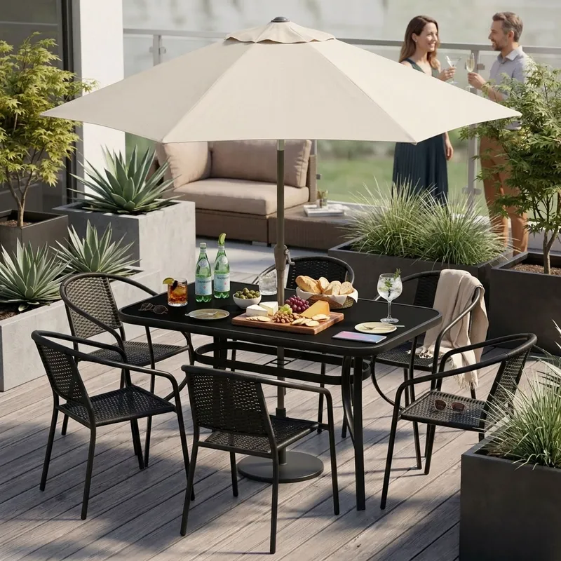 Stół Ogrodowy 120x70 cm Szkło Hartowane Otwór Na Parasol MORKE