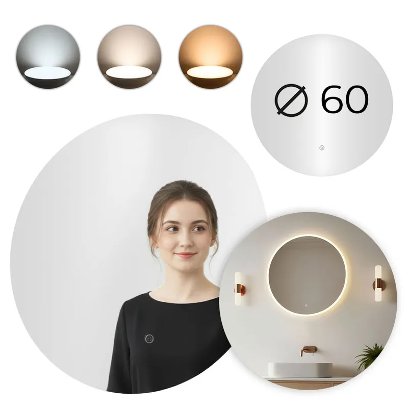 Lustro Ścienne Łazienkowe LED Okrągłe 60 cm Barwy Włącznik
