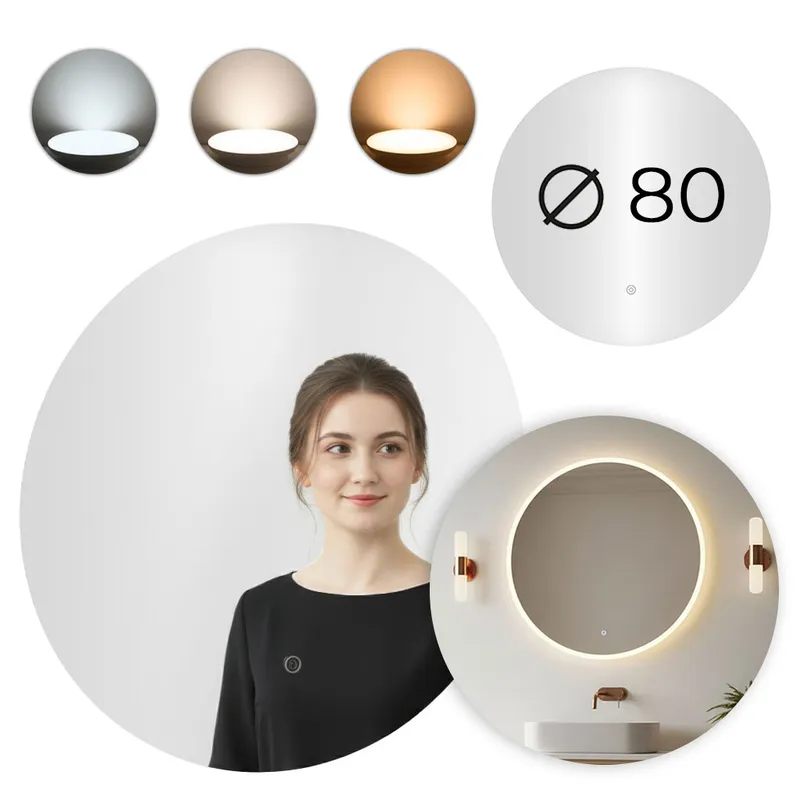 Lustro Ścienne Łazienkowe LED Okrągłe 80 cm Barwy Włącznik