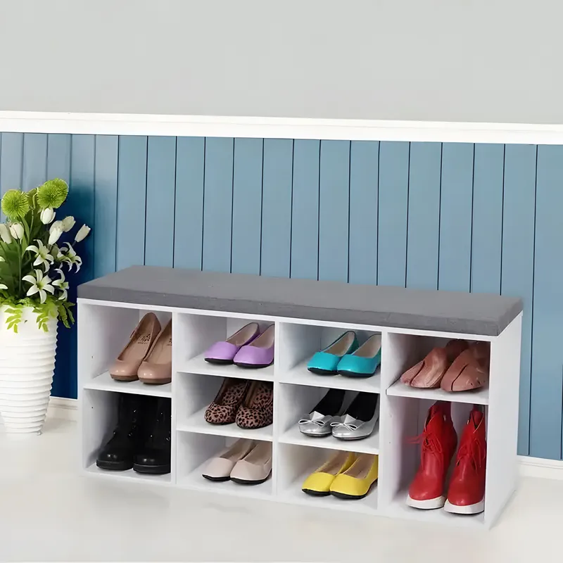 Szafka Na Buty Szarą Poduszką 10 Półek - Biała