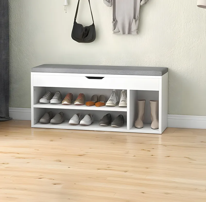 Szafka Na Buty Szarą Poduszką Otwieranym Siedziskiem Półki
