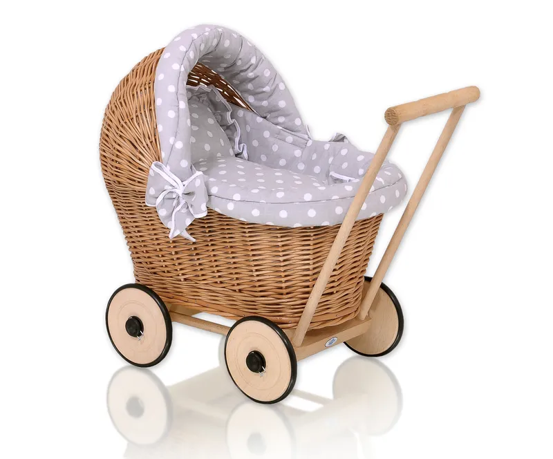 Wiklinowy Wózek Dla Lalek Pchacz Szarą Pościelką Miękką Stella TUM-TUM