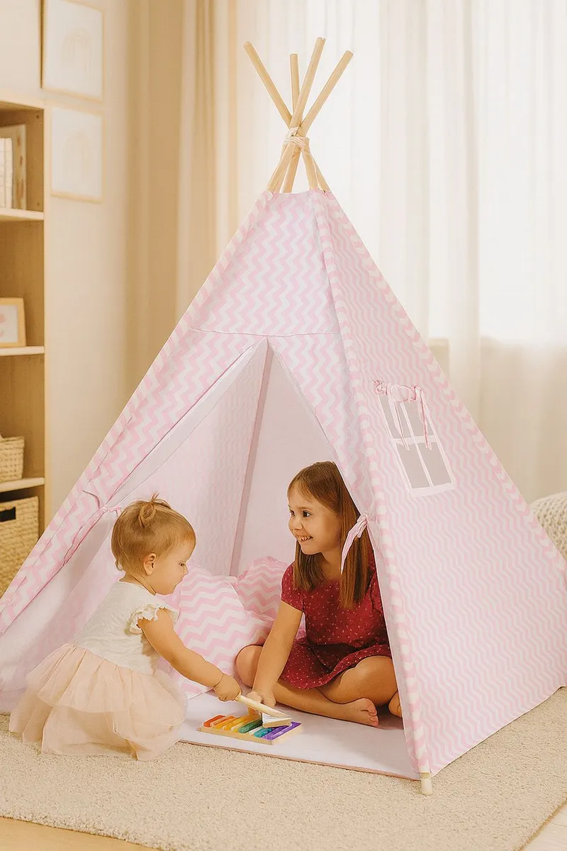 Namiot Dla Dzieci Tipi +mata Zawieszki Pióra Chevron TUM-TUM - Różowy