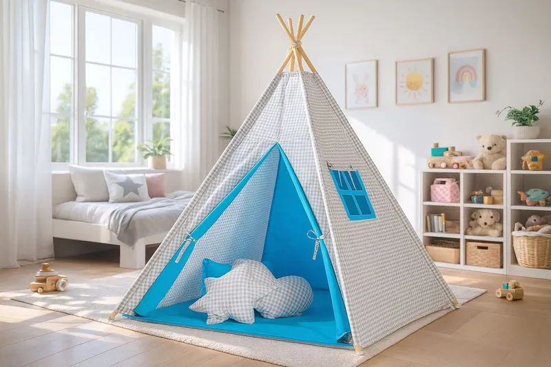 Namiot Dla Dzieci Tipi Dzieci+ Zawieszki Pióra Kratka Szara- TUM-TUM