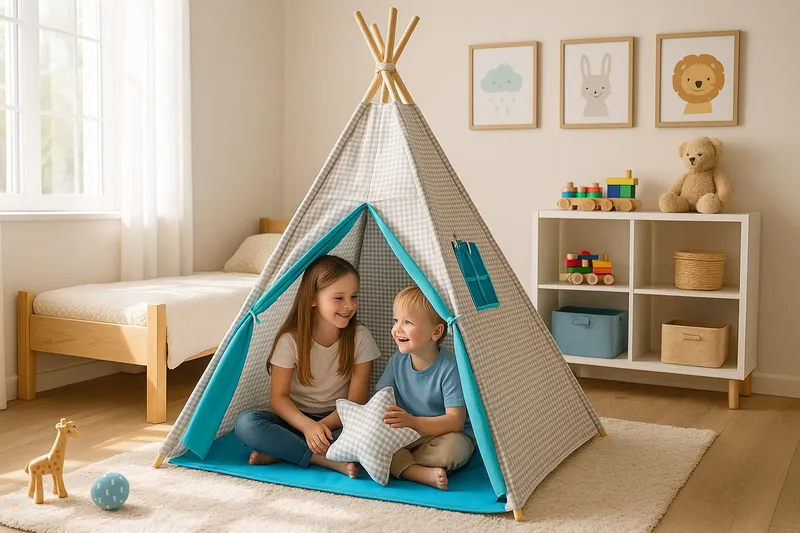 Namiot Dla Dzieci Tipi Dzieci+ Zawieszki Pióra Kratka Szara- TUM-TUM