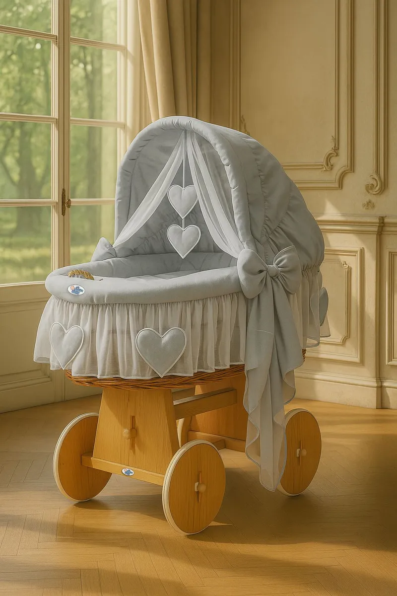 Wiklinowy Kosz Mojżesza Ze Składaną Budką Amelia Naturalny TUM-TUM - Szara