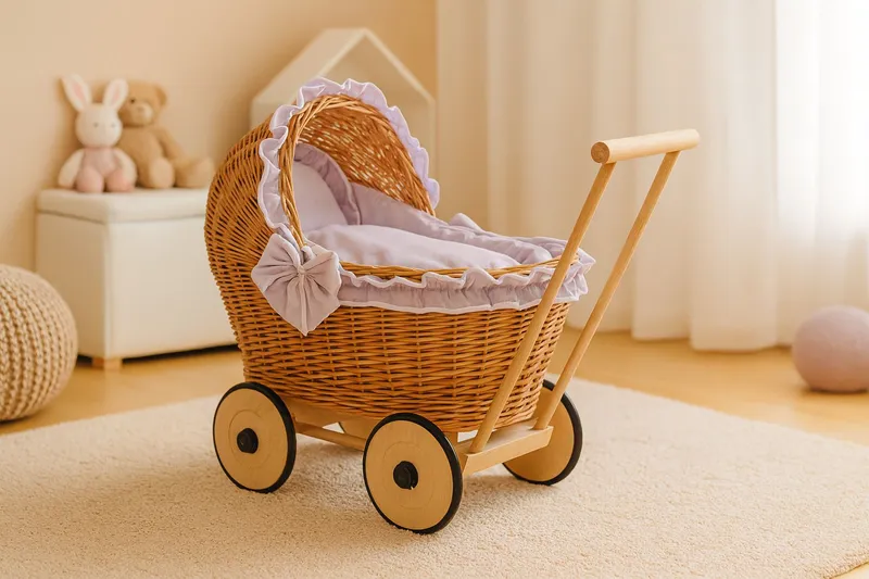 Wiklinowy Wózek Dla Lalek Pchacz Szarą Pościelką Miękką Chiara TUM-TUM