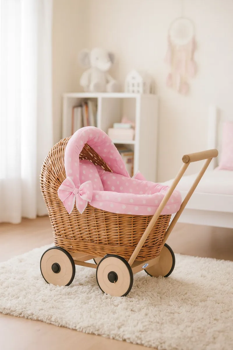 Wiklinowy Wózek Dla Lalek Pchacz Różową Pościelką Miękką Stella TUM-TUM