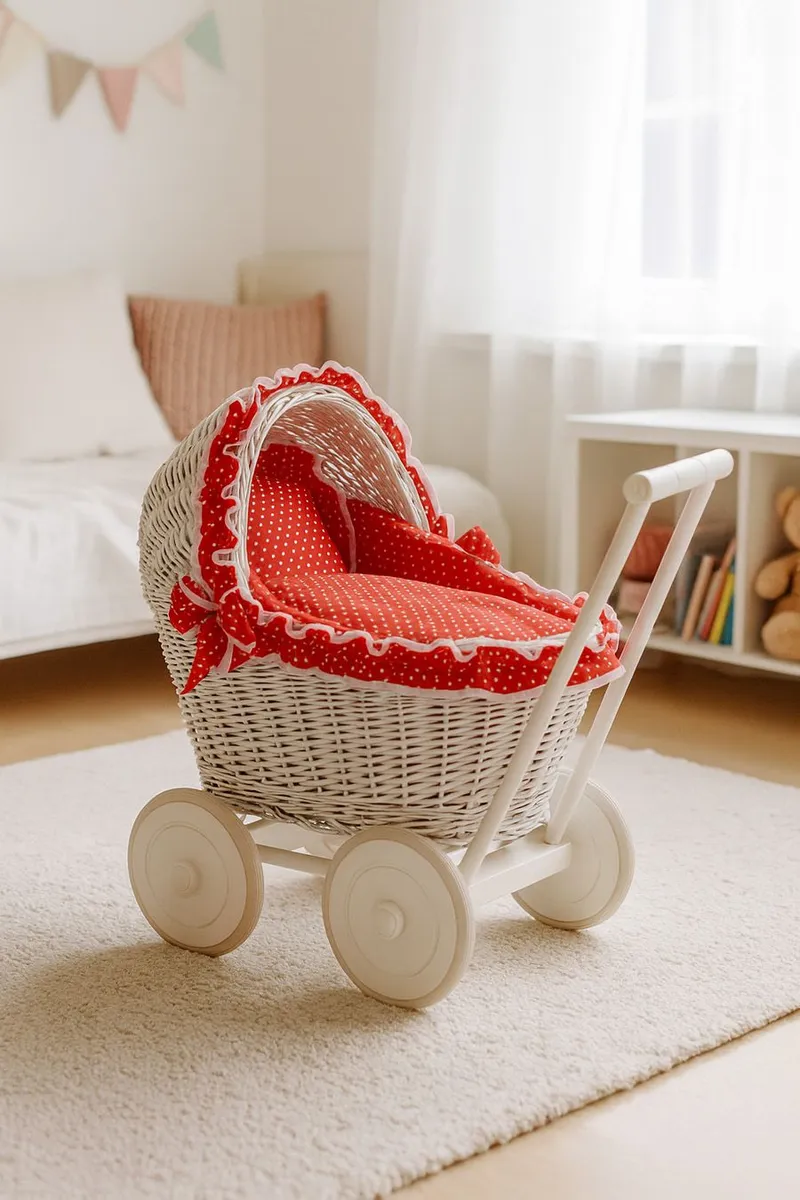 Wiklinowy Wózek Dla Lalek Pchacz Czerwoną Pościelką Miękką TUM-TUM - Biały