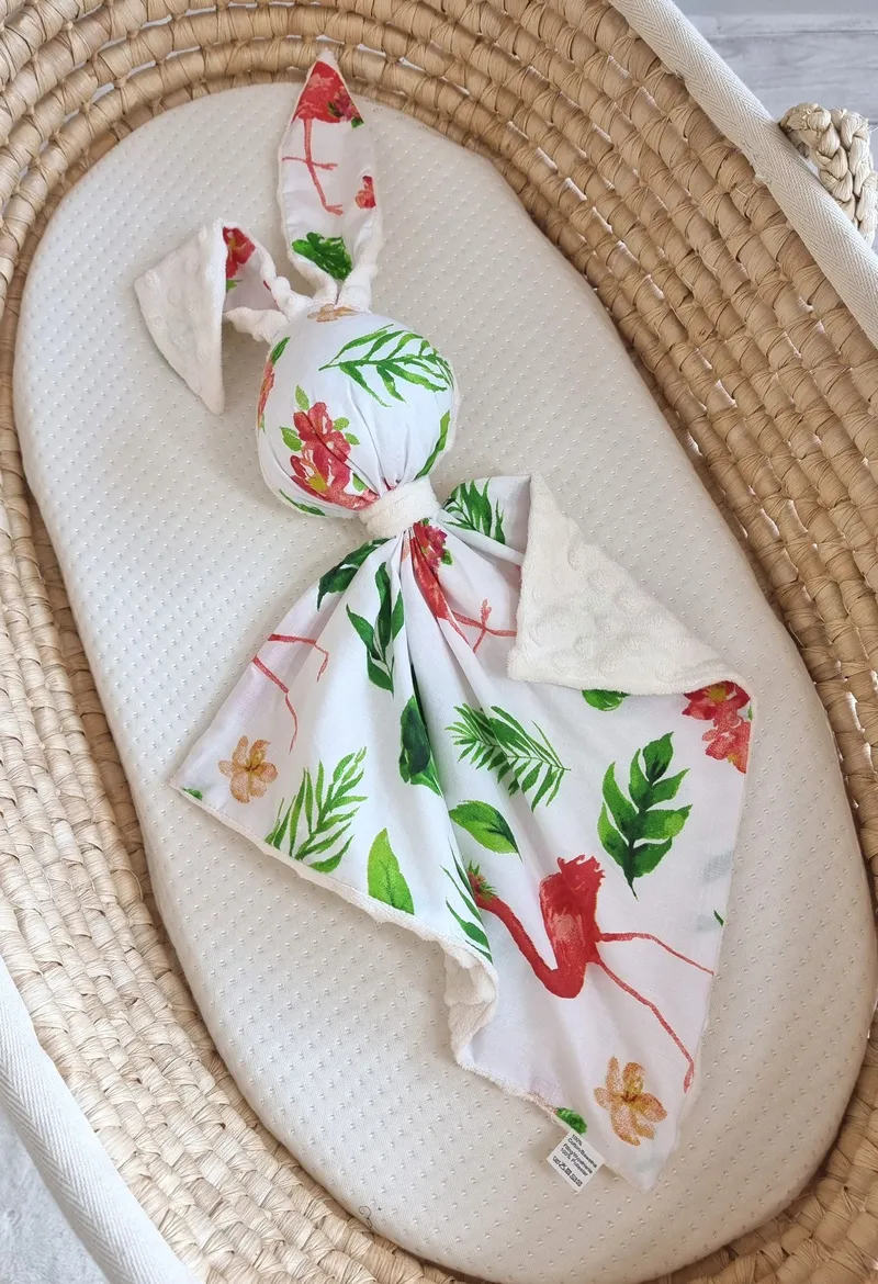 Zając Przytulanka Doudou Dwustronna Bawełna Minky Flamingi Ecru TUM-TUM