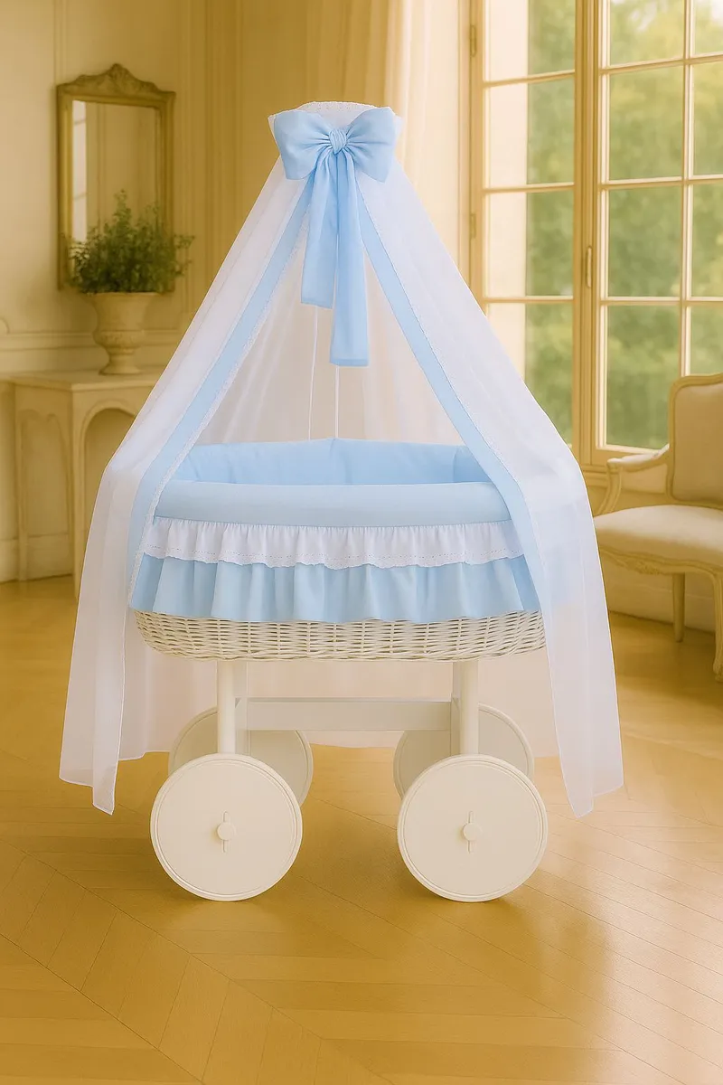 Wiklinowy Kosz Mojżesza Baldachimem Deluxe Bellamy Pościel TUM-TUM - Biały