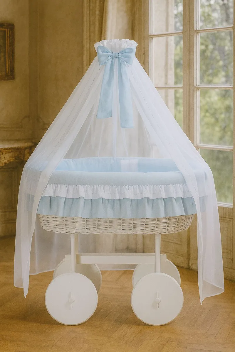 Wiklinowy Kosz Mojżesza Baldachimem Deluxe Bellamy Pościel TUM-TUM - Biały