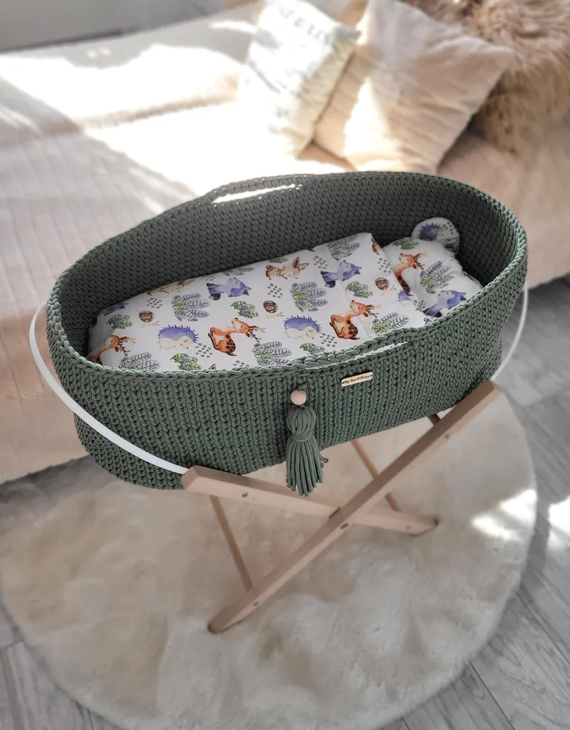 Kosz Mojżesza Boho Bawełniany Handmade Materacykiem Szałwia TUM-TUM