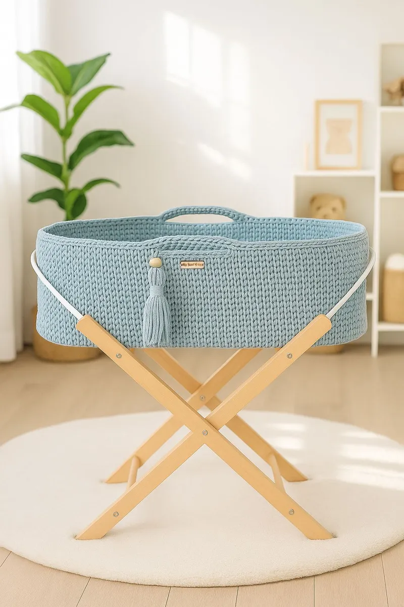 Kosz Mojżesza Boho Handmade Ze Stojakiem Misty Blue TUM-TUM