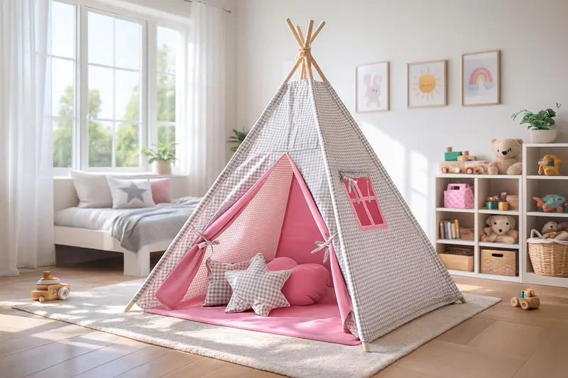 Namiot Dla Dzieci Tipi Dzieci+ Zawieszki Pióra Kratka TUM-TUM - Szara