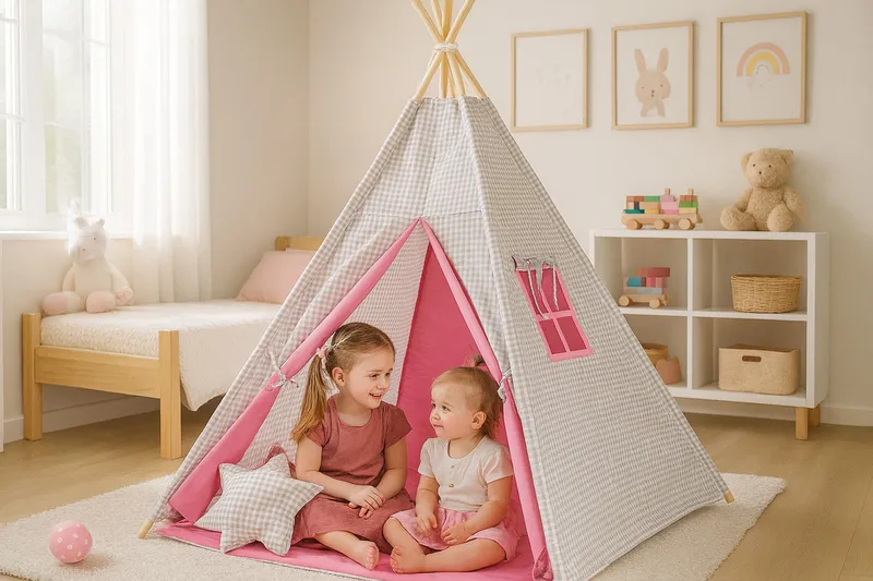 Namiot Dla Dzieci Tipi +mata Zawieszki Pióra Kratka Różem TUM-TUM - Szara
