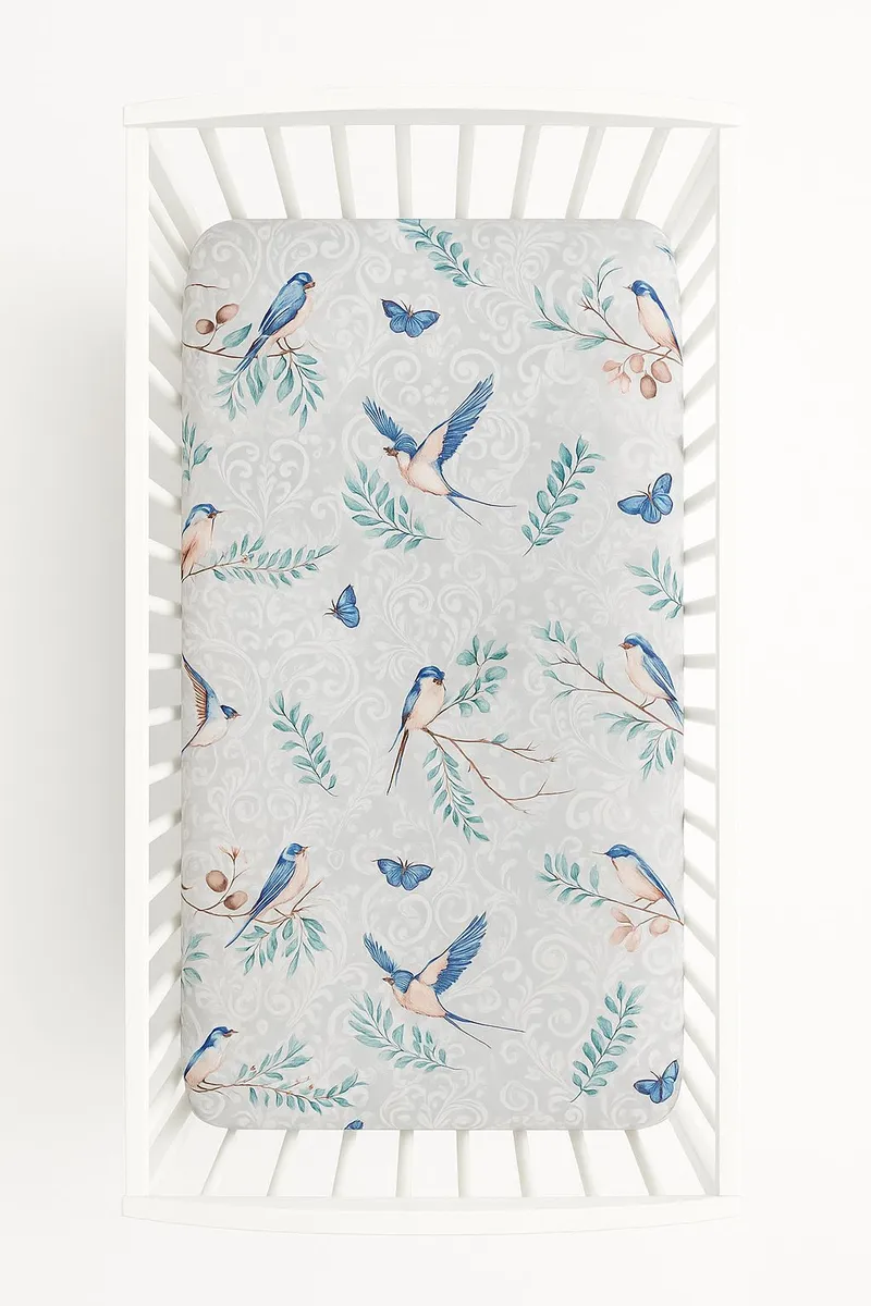 Prześcieradło Bawełniane Gumką Do Łóżeczka 120x60 cm Blue Birds TUM-TUM