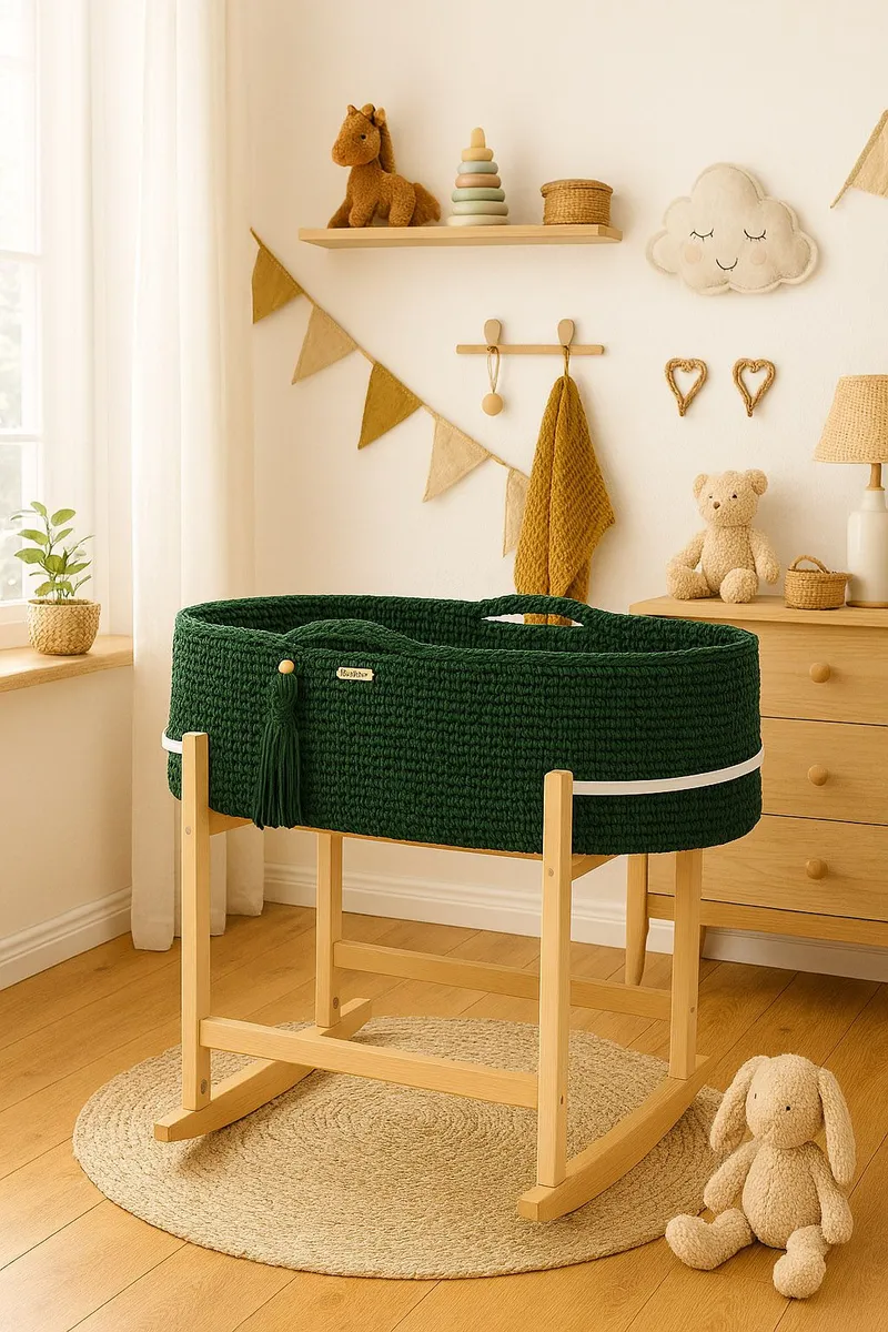 Kosz Mojżesza Boho Handmade Kołyską Butelkowa Zieleń TUM-TUM