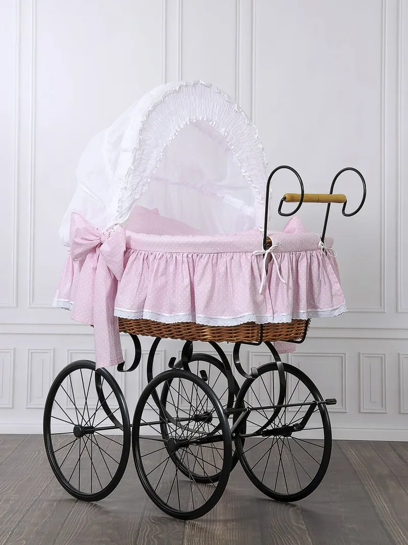 Wiklinowy Kosz Mojżesza Retro Ze Składaną Budką Christine TUM-TUM - Różowa