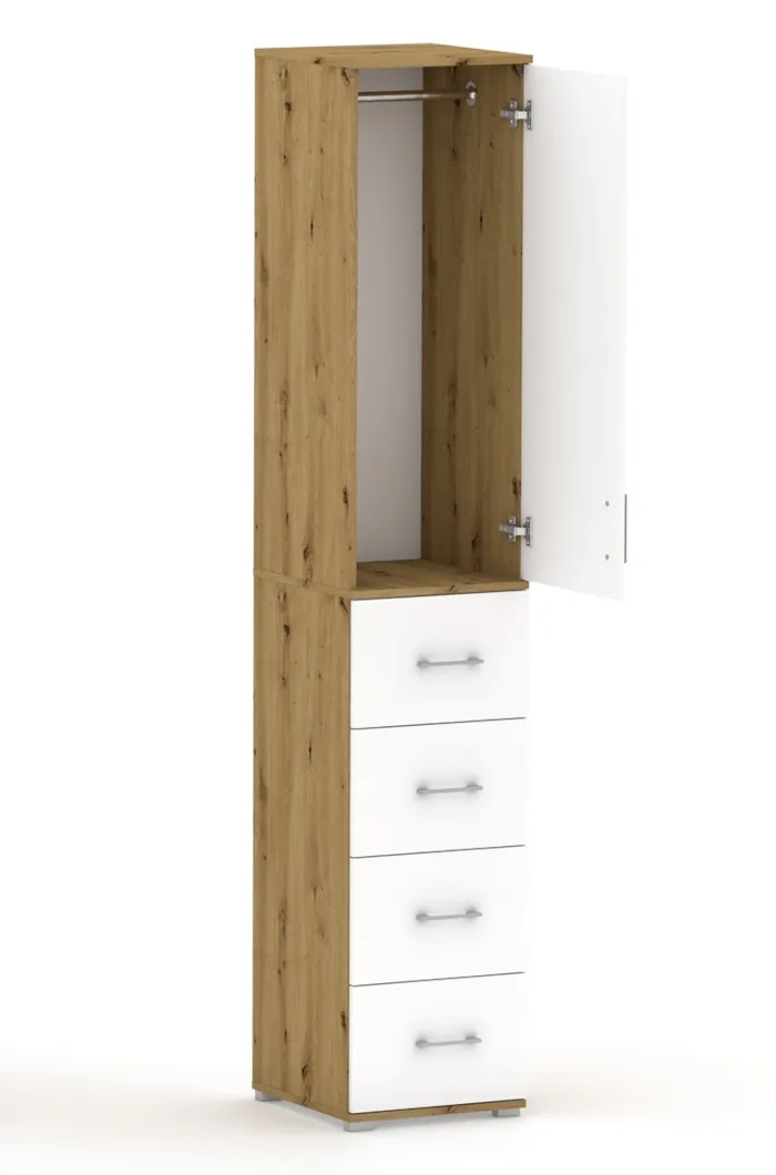 Szafa Na Ubrania Z Drążkiem POLA 215 - 4 Szuflady 40-50 cm Dąb Artisan Z Białymi Drzwiami