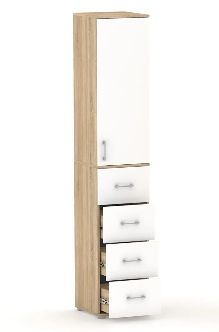 Szafa Na Ubrania Z Drążkiem POLA 215 - 4 Szuflady 40-50 cm Dąb Sonoma Z Białymi Drzwiami