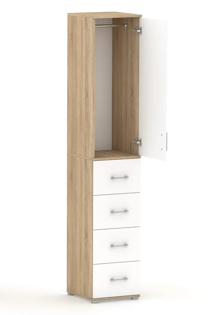 Szafa Na Ubrania Z Drążkiem POLA 215 - 4 Szuflady 40-50 cm Dąb Sonoma Z Białymi Drzwiami