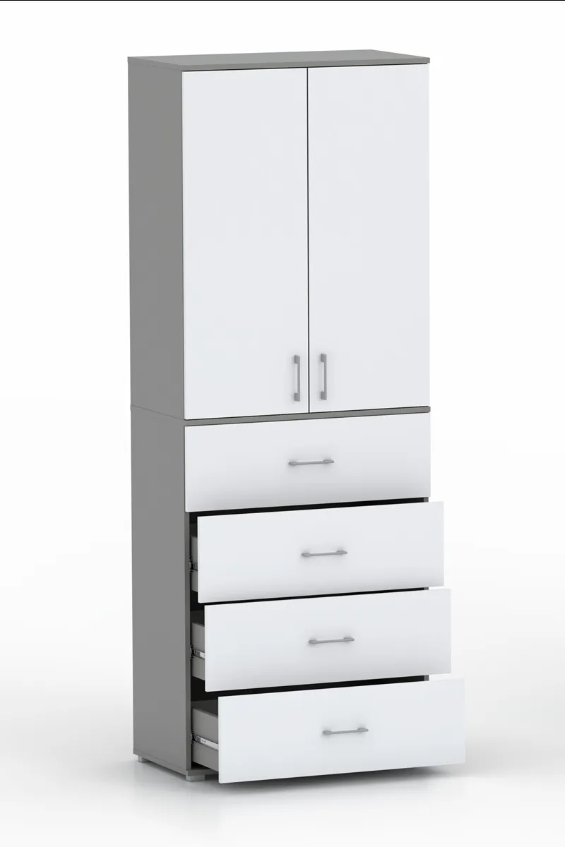 Szafa Na Ubrania Z Drążkiem POLA 215 - 4 Szuflady 60 / 70 / 80 cm Szara Z Białymi Frontami