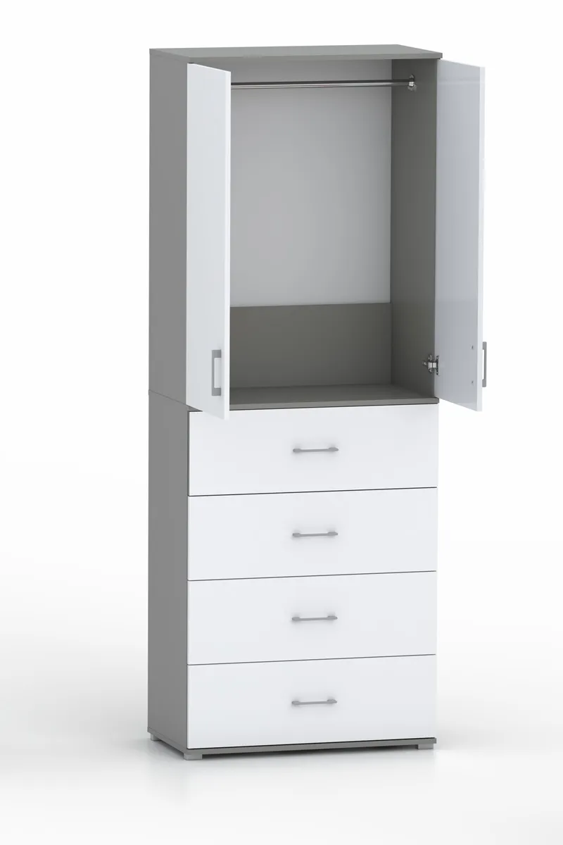 Szafa Na Ubrania Z Drążkiem POLA 215 - 4 Szuflady 60 / 70 / 80 cm Szara Z Białymi Frontami