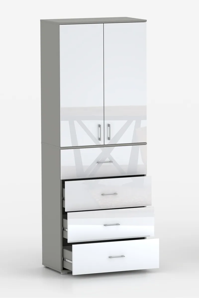 Szafa Na Ubrania Z Drążkiem POLA 215 - 4 Szuflady 60 / 70 / 80 cm Szara Z Frontami W Połysku