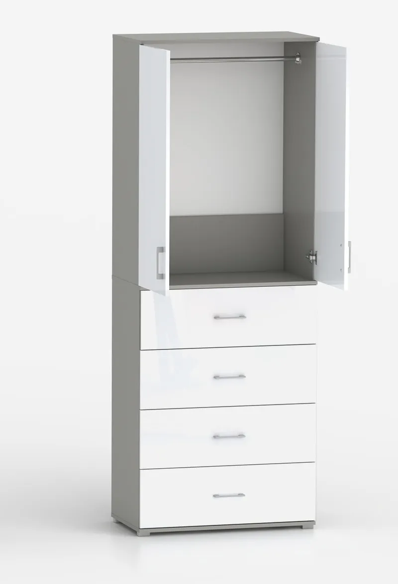 Szafa Na Ubrania Z Drążkiem POLA 215 - 4 Szuflady 60 / 70 / 80 cm Szara Z Frontami W Połysku
