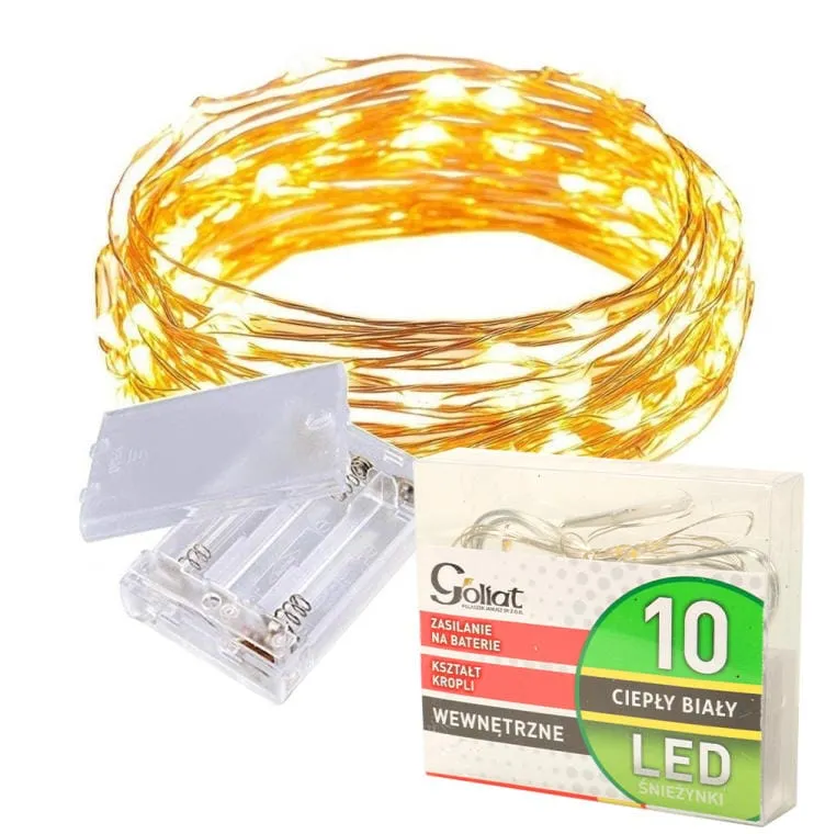 Energooszczędne Lampki Choinkowe-Łezki Na Białym Druciku Z 10 LED, Ciepły Kolor, Zasilane Na Baterie AA - Biały