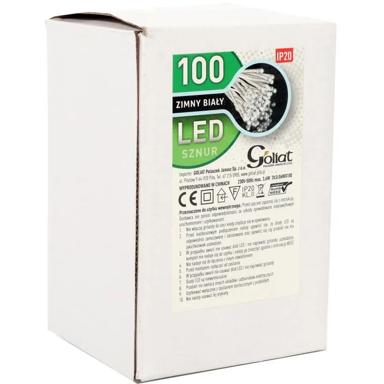 Świąteczne Lampki Choinkowe 100 LED, Wewnętrzne, Kolor Zimny Biały, Długość 5m