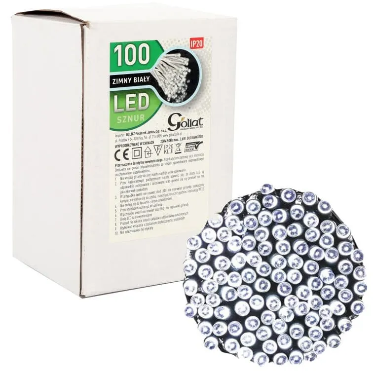 Świąteczne Lampki Choinkowe 100 LED, Wewnętrzne, Kolor Zimny Biały, Długość 5m