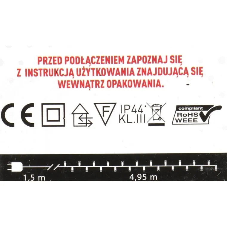 Zewnętrzne Lampki Choinkowe LED 100szt - Ciepły Biały, IP44, Dł. 4,95M+1,5M, Zasilane Sieciowo
