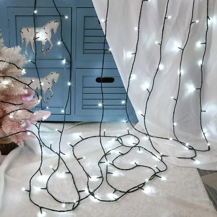 Lampki Choinkowe Zewnętrzne 100 LED, Kolor Zimny Biały, 8m, Zasilanie Sieciowe, Przewód Miedziany