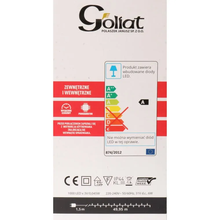 Zewnętrzne Lampki Choinkowe LED 1000 Z Programatorem 8 Funkcji Świecenia I Timerem, Ciepły Biały, Zasilanie Sieciowe, 49,95 M+150 cm Kabel Przyłączeniowy