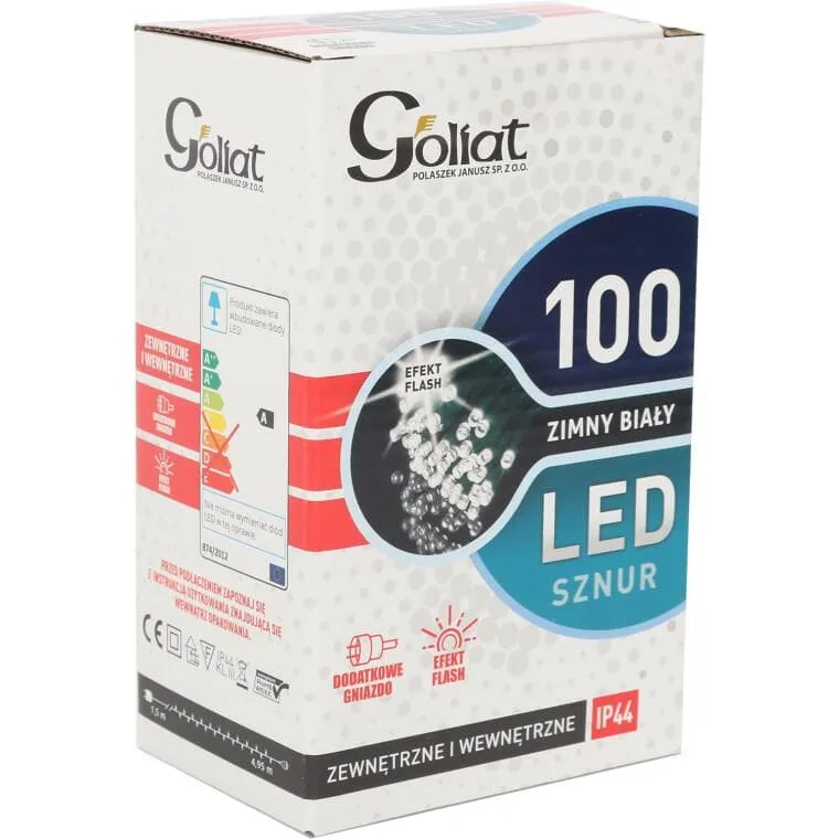 Komplet Lampek Choinkowych 100 LED Zimny Z Efektem Flash I Dodatkowym Gniazdem, Odporny Na Wodę (IP44) - Biały