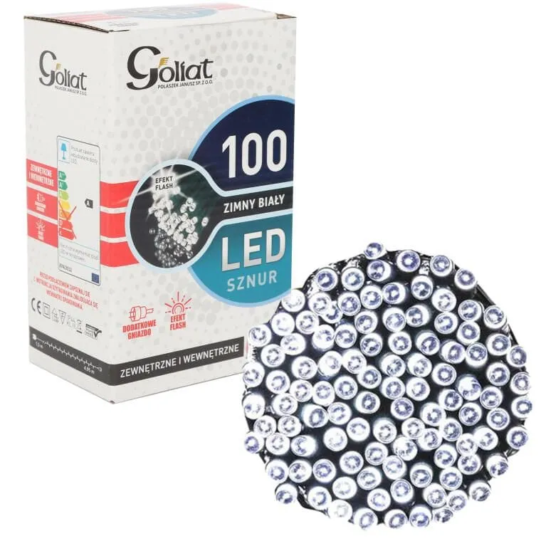 Komplet Lampek Choinkowych 100 LED Zimny Z Efektem Flash I Dodatkowym Gniazdem, Odporny Na Wodę (IP44) - Biały