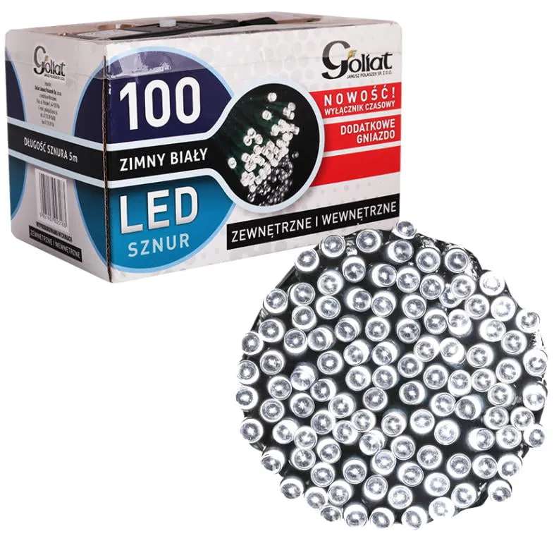 Stabilne Lampki Świąteczne 100 LED Z Dodatkowym Gniazdem I Timerem - Kolor Zimny Biały, Wodoodporne, Do Użycia Wewnętrzny I Zewnętrzny, Polska Dystrybucja
