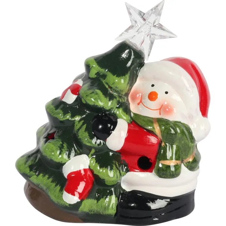 Ozdoba Świąteczna Ceramiczny BAŁWAN Z Choinką LED 12.5 cm