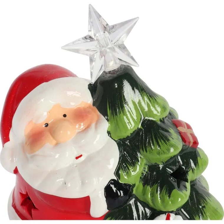 Ozdoba Świąteczna Ceramiczny MIKOŁAJ Z Choinką LED 12.5 cm