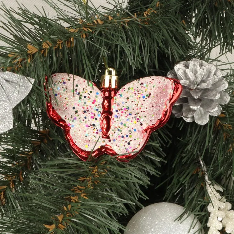 Komplet 4 Czerwonych Bombek Plastikowych W Kształcie Motyli - 7 cm