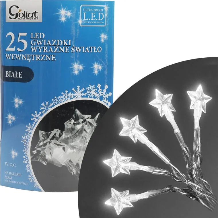 Lampki Choinkowe 25 LED Gwiazdki Na Baterie Zimny - Biały