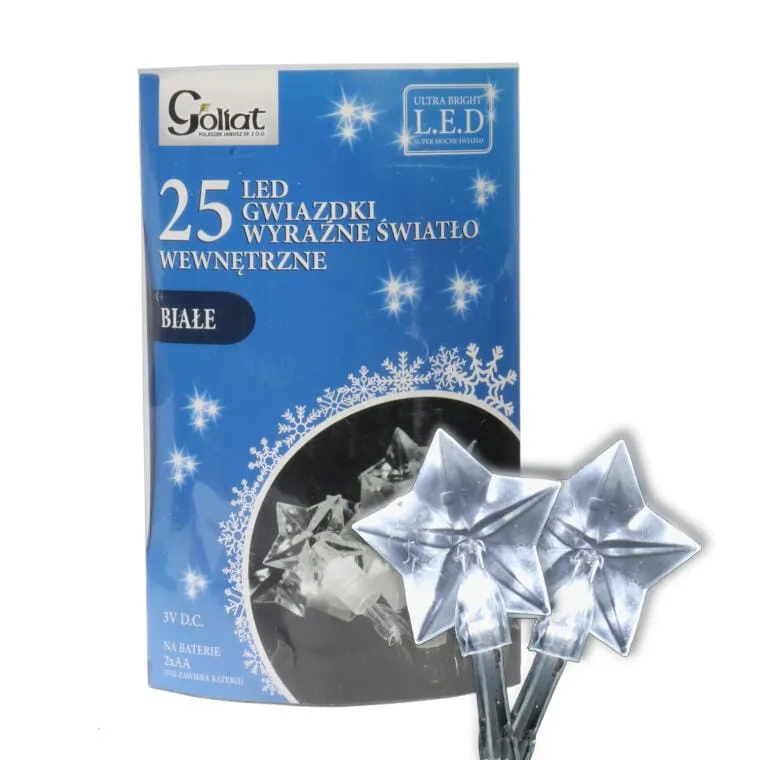 Lampki Choinkowe 25 LED Gwiazdki Na Baterie Zimny - Biały