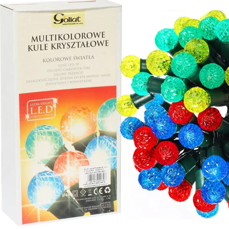 Lampki Choinkowe LED Kryształowe Kulki Multikolor 50 Sztuk - Dekoracja Świetlna Zewnętrzna