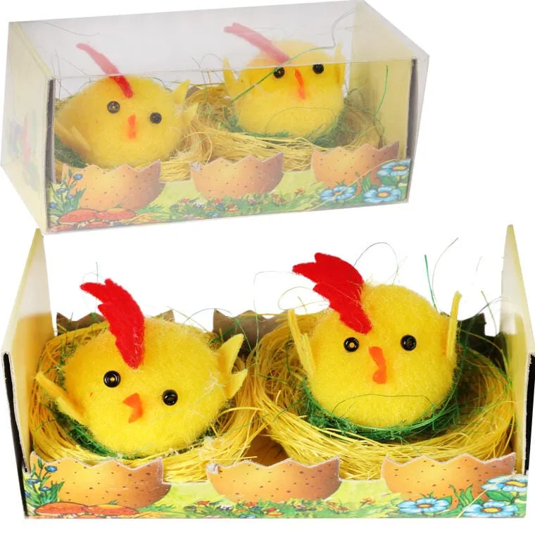 Zestaw Figurki Dekoracyjne Koguciki W Gniazdach 2 Sztuki, 6 cm - Żółte